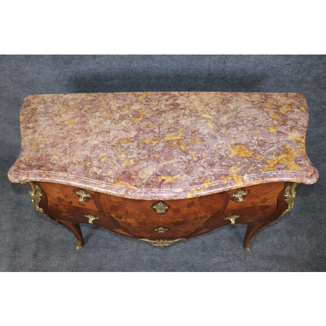 Brown Antique French Louis XV Style Bronze Ormolu Mounted Marble Top Commode For Sale - Image 8 of 13