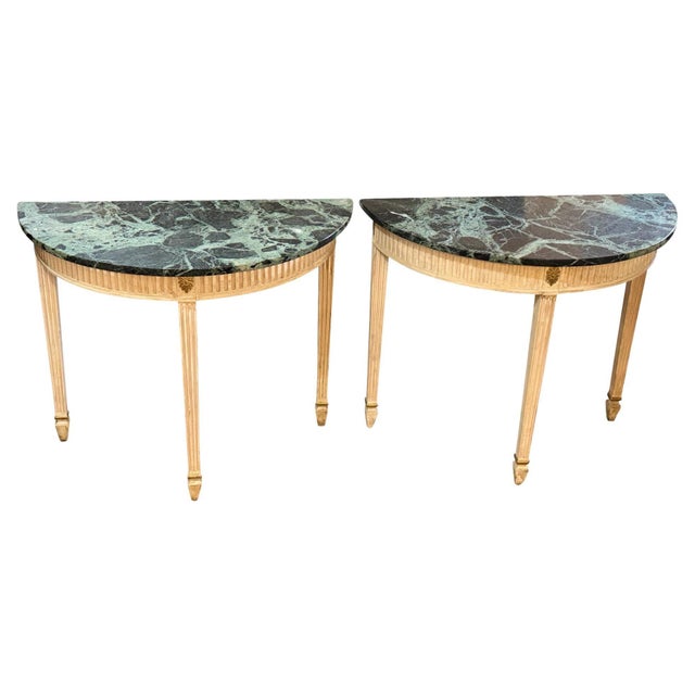 1950s Demilune Painted Classical Console Tables with Green Marble Tops - A Pair For Sale - Image 10 of 18