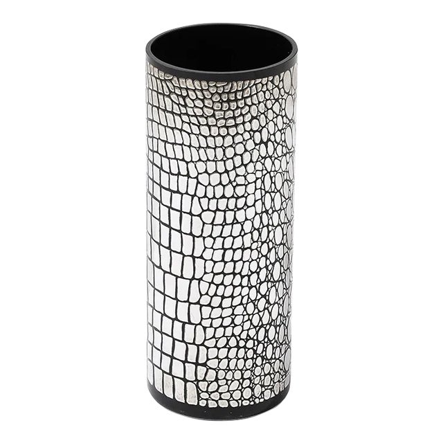 Mid-Century Black Glass Vase With Sterling Silver Overlay Crocodile Motif For Sale