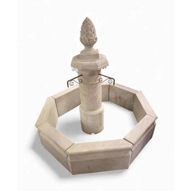 Large French Style Octagonal Carved Limestone Garden Fountain With Pinecone Finial For Sale - Image 4 of 7