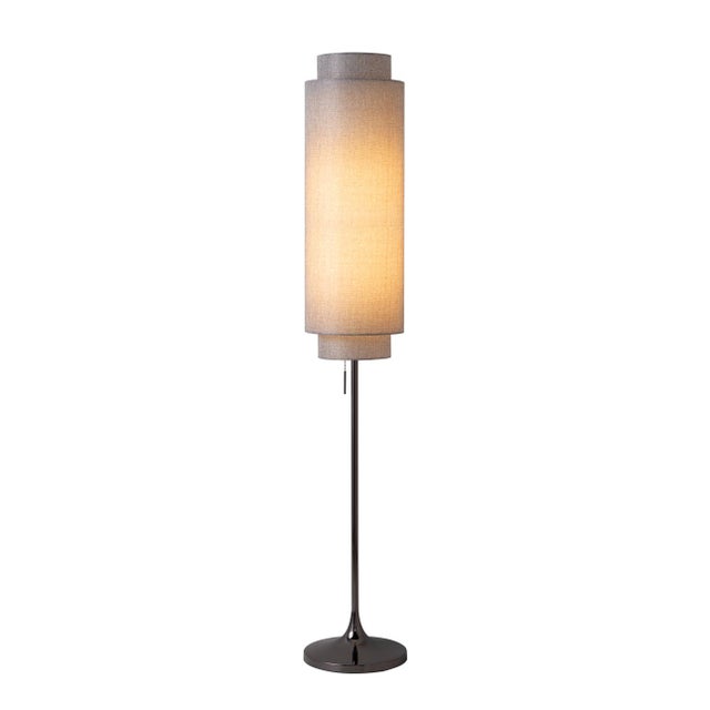 Mid-Century Modern Lollipop Floor Lamp - Black Nickel, Cashmere Gray Linen Double Shade, on/Off Pull Chain For Sale - Image 3 of 15