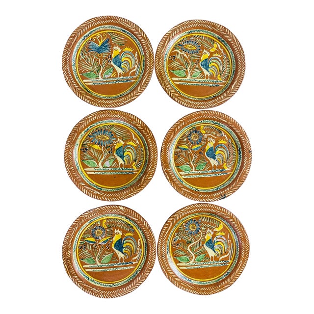 Vintage Folk Art Plates, Set of Six For Sale