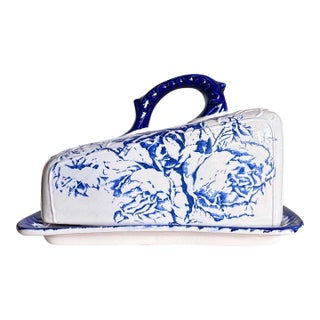 Antique Staffordshire Ironstone Blue Rose Floral Lidded Cheese Keeper Dome For Sale