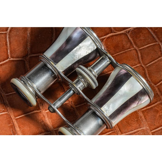 Beautiful Chrome Striped Purple and White Mother of Pearl Antique Victorian Opera Glasses With Leather Case For Sale - Image 10 of 16