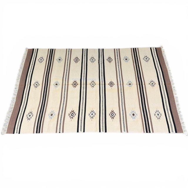 Handwoven Indian Kilim Rug | 6' X 9' | Ivory Field With Striped Tribal Geometric Design For Sale - Image 4 of 5