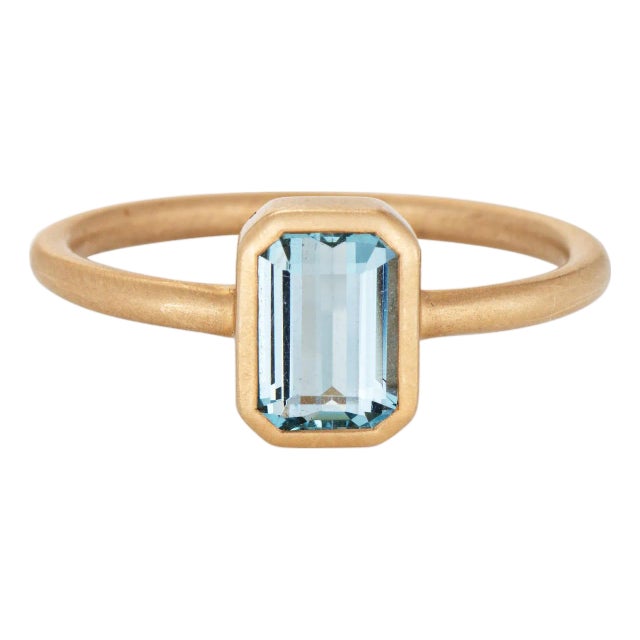 1 Aquamarine Ring Sz 6.25 Estate 14k Gold Stacking Band Fine Jewelry Emerald Cut For Sale