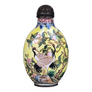 Copper Enamel Snuff Bottle, Hand Painted Crane & Peach Motifs For Sale