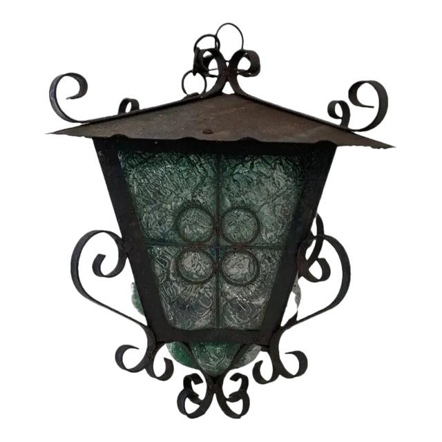 Gothic Spanish Revival Wrought Iron & Green Glass Hanging Lantern For Sale
