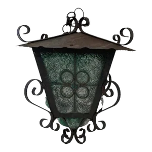 Gothic Spanish Revival Wrought Iron & Green Glass Hanging Lantern