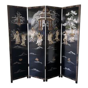 Vintage Asian Lacquered Four-Panel Screen With Mother-of-Pearl & Hand-Carved Details
