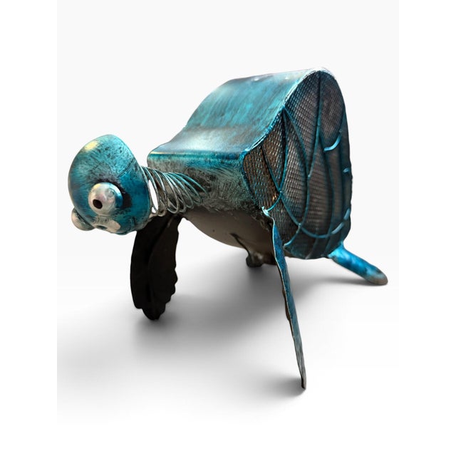 Postmodern Vintage Turquoise Metal Turtle Table Lamp | Sculptural Wire Mesh Accent Light For Sale - Image 3 of 5