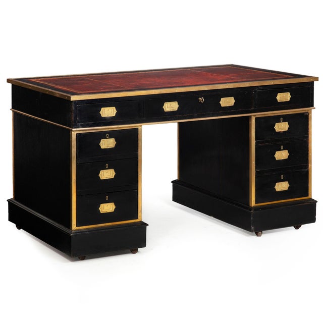 Campaign Antique Campaign Ebonized Pedestal Desk, 19th Century For Sale - Image 3 of 18