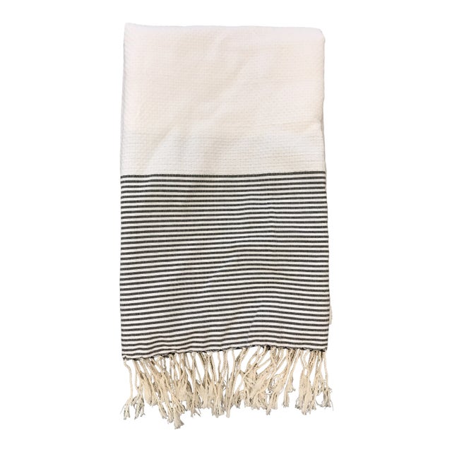 Handwoven Turkish Fouta Bath Towel Off White With Black Stripes and Fringe by Scents & Feel For Sale