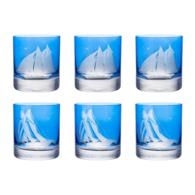 Artel ARTEL Golden Age of Yachting Collection Double Old Fashioned Glass in Endurance and Centennial Sailboats in Blue - Set of 6 For Sale - Image 4 of 4