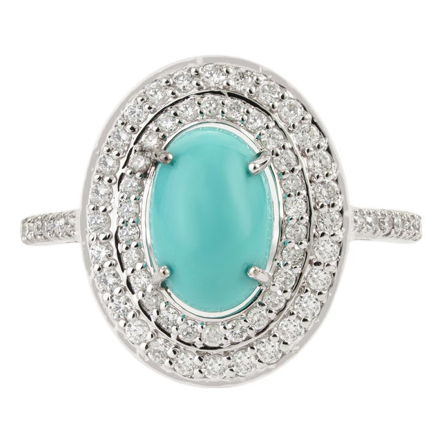 Early 18th Century 1.51ct Cabochon Turquoise & Diamond 14k Gold Ring Size 4 For Sale