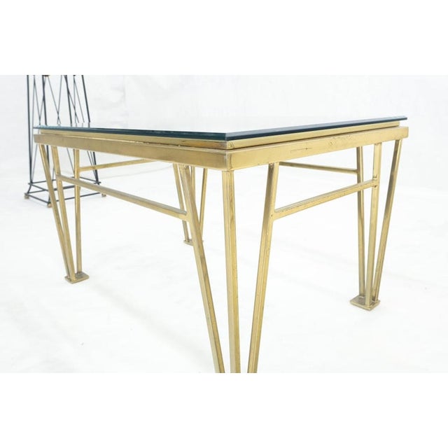 Metal Geometric Frame Style Legs Rectangular Brass Plated Side Table w/ Glass Top For Sale - Image 7 of 13