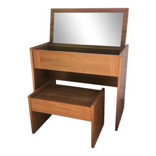Danish Modern Teak Tilt Top Vanity Desk With Bench - 2 Pieces For Sale