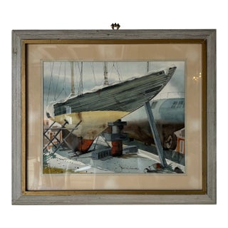 Vintage Key West Boat in Drydock Watercolor Painting - Signed For Sale