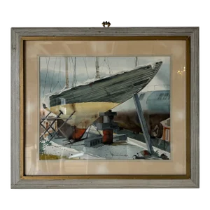Vintage Key West Boat in Drydock Watercolor Painting - Signed