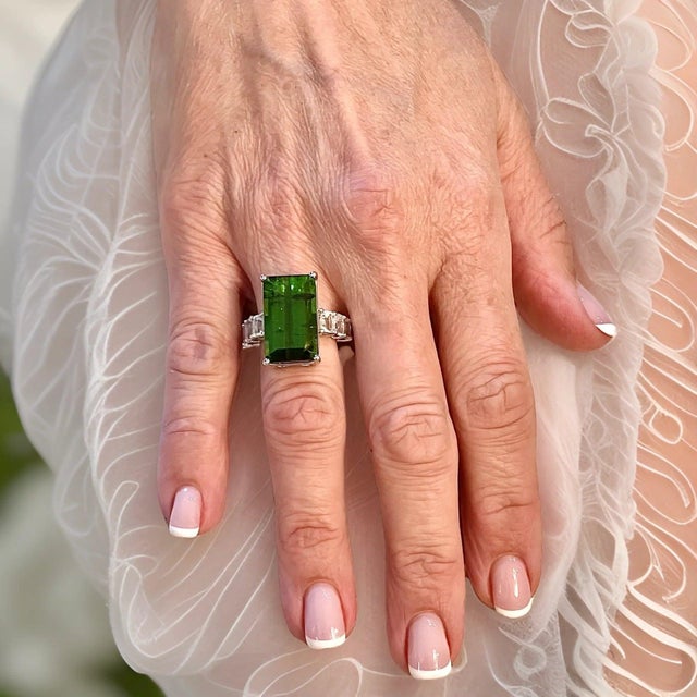 Natural Tourmaline White Sapphire Ring 6.75 14k WG 21.03 TCW Certified For Sale - Image 9 of 18
