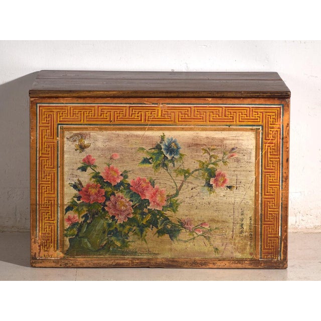 Wood Chinese Trunk with Painted Panel in Elm, 1900 For Sale - Image 7 of 14