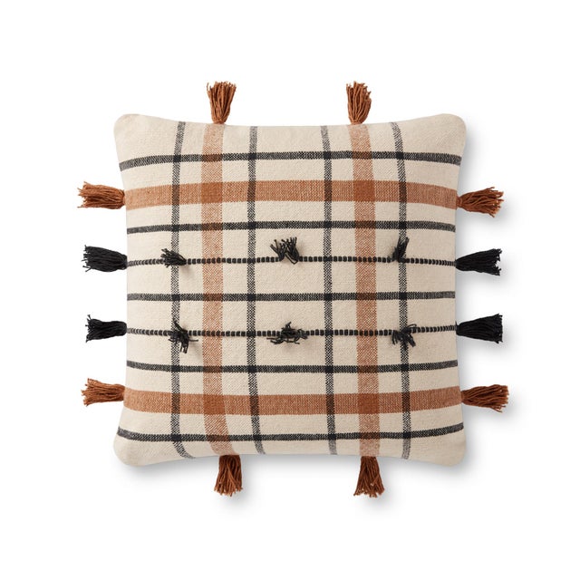 Transitional Loloi Handwoven Plaid Striped Pillow with Tassels, Natural / Brown - 18" x 18" Cover For Sale - Image 3 of 3