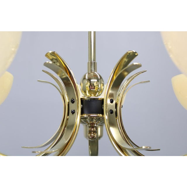Art Deco Brass Chandelier with Cream Opaline Glass, Czechoslovakia, 1930s For Sale - Image 6 of 12