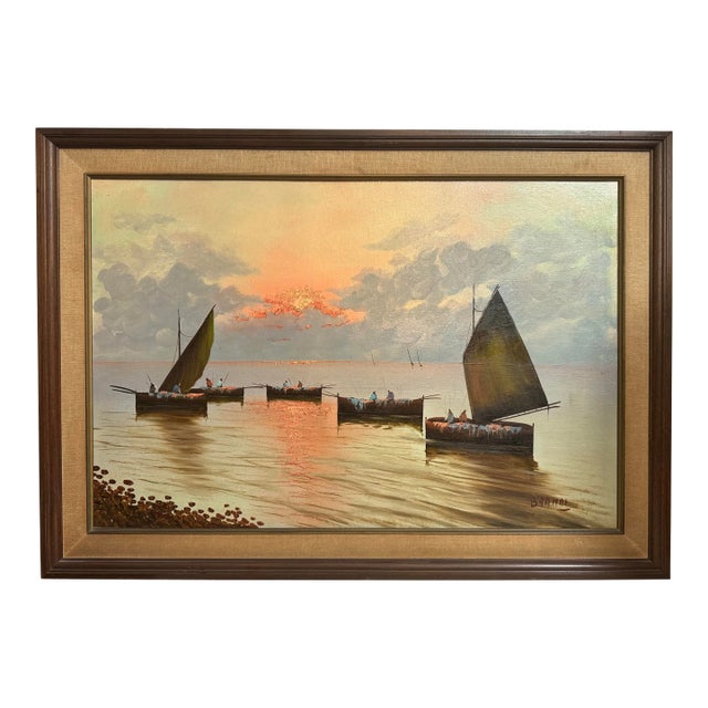 Brandi, Rosario, Ships at Dusk, Large Mid Century Italian Seascape Painting For Sale