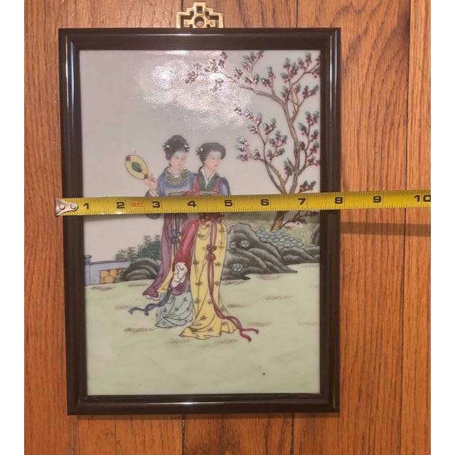Vintage Chinese Famille Rose Hand Painted and Framed Porcelain Tiles Set of 4 For Sale - Image 12 of 12