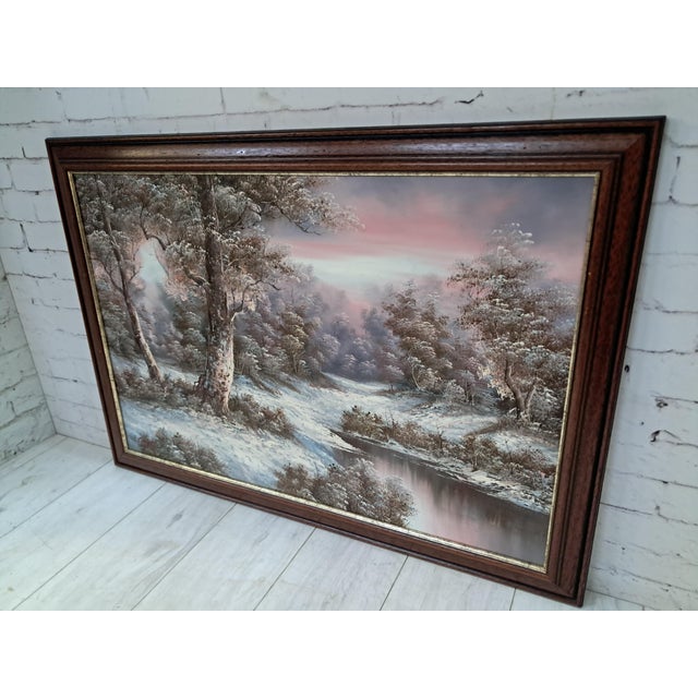 Large vintage winter landscape oil painting on canvas – 1980s – mahogany frame - framed & signed i cafieri this striking...