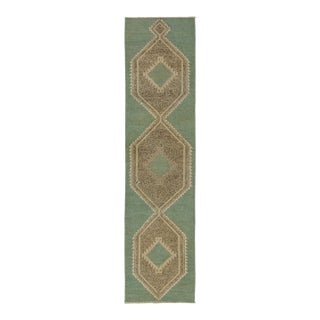 Vintage Turkish Runner With Geometric Medallions in Sage Green - Rug & Kilim For Sale