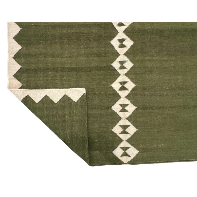Handmade New Zealand Wool Dhurrie Runner, Olive Green and Cream Diamond Runner Rug- 4'x10' For Sale - Image 6 of 13