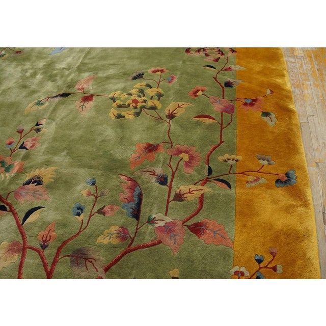 Calming Green Background Wiht Soft Spray Florid Color Antique Chinese Art Deco Rug by Nichols Workshop For Sale - Image 9 of 12