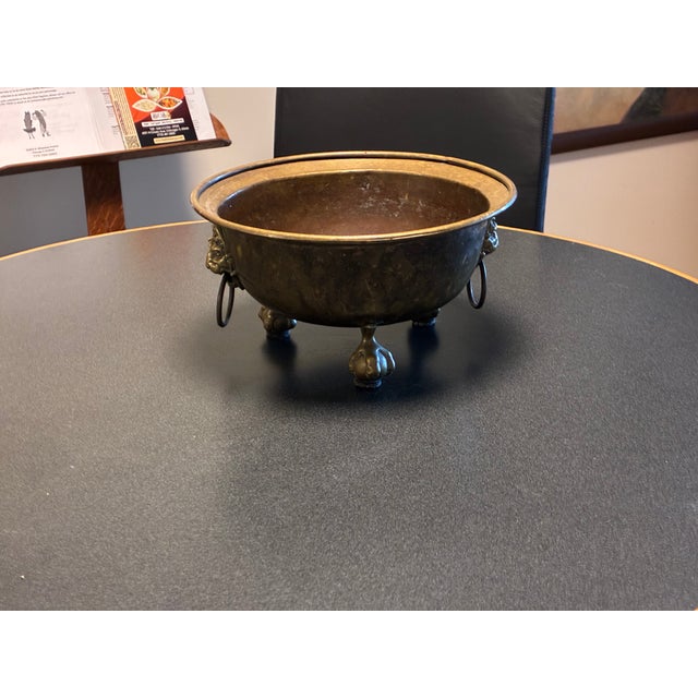 Gothic Antique Footed Brass Jardiniere With Lions Masks and Handles For Sale - Image 3 of 7
