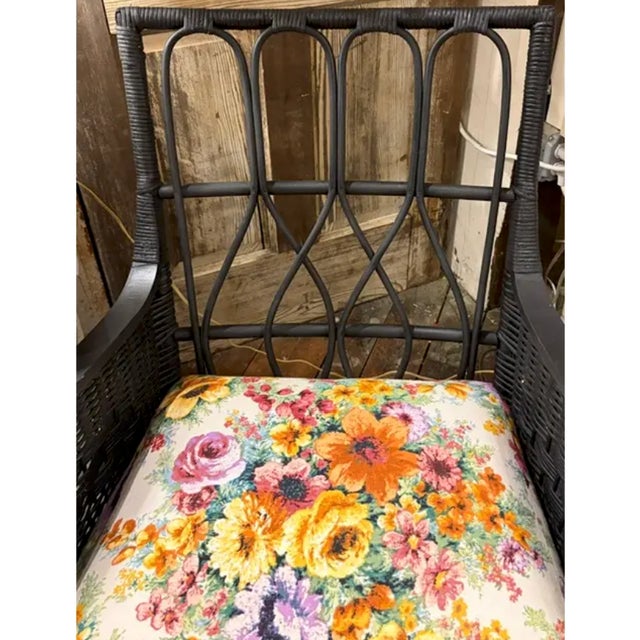 Mid-Century Modern Vintage Rattan Chair With Floral Cushions For Sale - Image 3 of 6