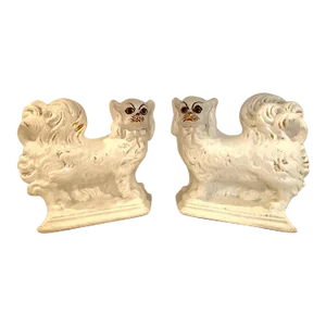 Vintage Pair of Ceramic Staffordshire Style Dog Figurines With Glass Eyes and Gold Gilt Accents