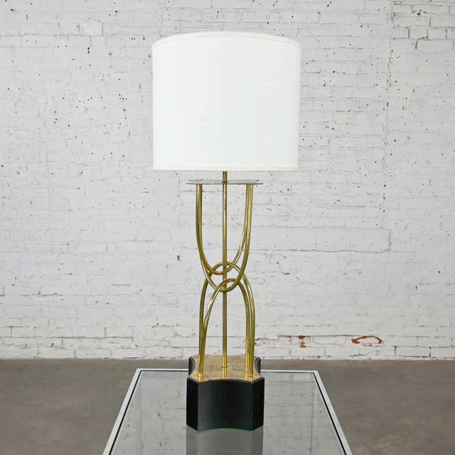 1960s Mid-Century Modern Table Lamp Brass Looped Tube Black Base White Drum Shade For Sale - Image 13 of 13