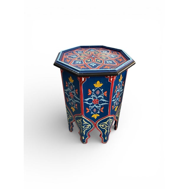 Moroccan Hand-Painted Moroccan Octagonal Side Table - Cobalt & Crimson For Sale - Image 3 of 9