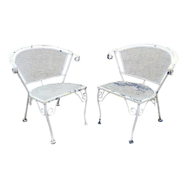 Vintage Wrought Iron Woodard Salterini Style Mid Century Patio Arm Chairs - Pair For Sale