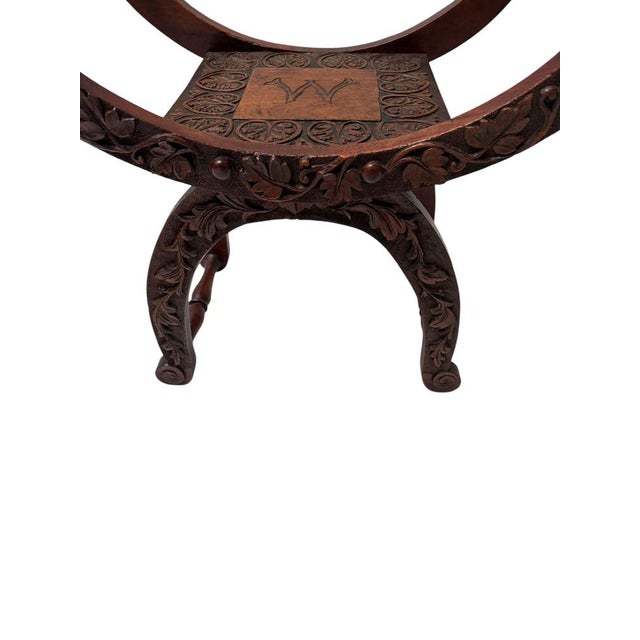 Art Nouveau Walnut Savonarola Hand-Carved Stool, 1900s For Sale - Image 5 of 9