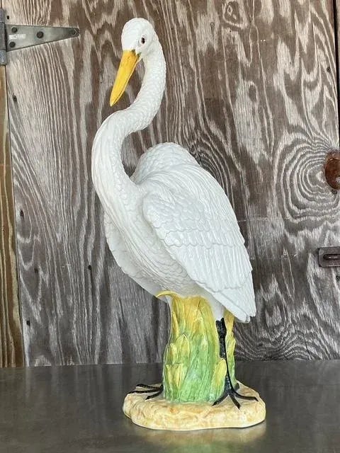 Vintage Coastal Monumental Glazed Ceramic Snowy Egret Sculpture — additional photo 7