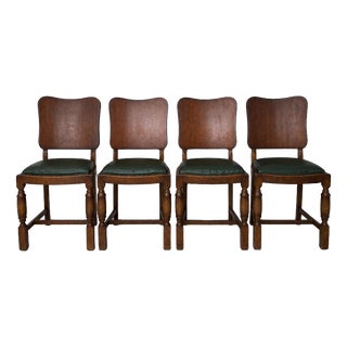 Arts and Crafts Art Deco Oak Dining Chairs with Green Vinyl Seats, Set of 4 For Sale