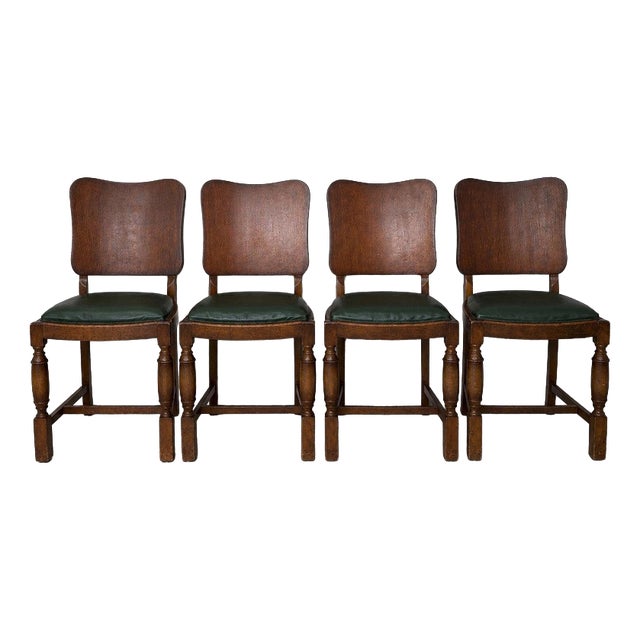Arts and Crafts Art Deco Oak Dining Chairs with Green Vinyl Seats, Set of 4 For Sale