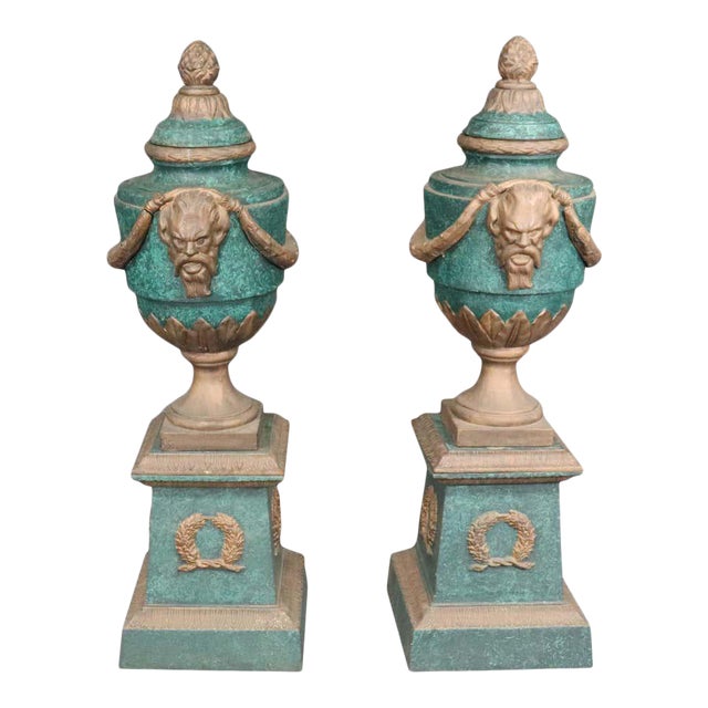 Pair of Verdigris and Metal Garden Urns For Sale