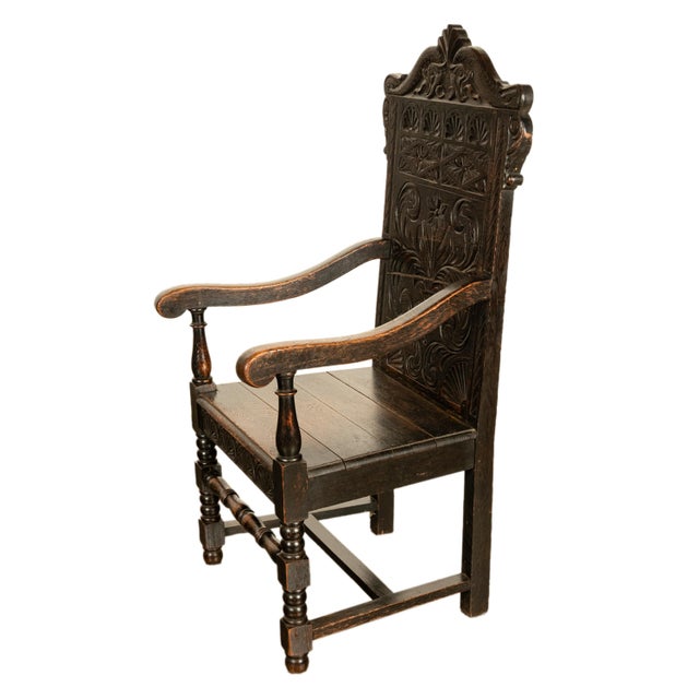 Brown Antique 17th Century English Charles II Oak Carved Wainscot Armchair 1680 For Sale - Image 8 of 13