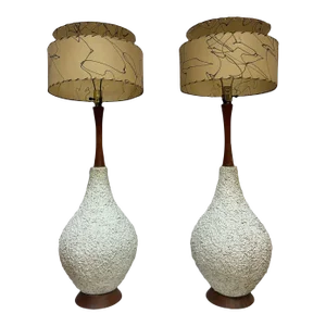 Mid Century-Modern Teak Popcorn Table Lamps - Pair