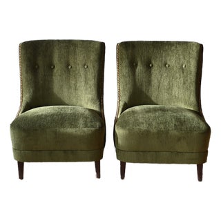 Emerald Green Slipper Chairs, a Pair For Sale