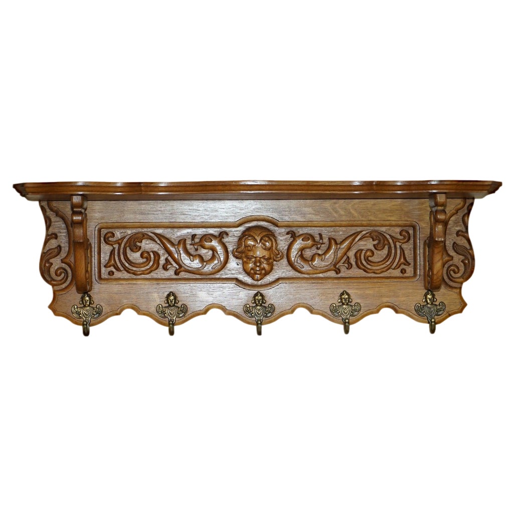 Dutch Oak Ornately Carved Cherub Wall Rack with Hanger Royal Hooks ...