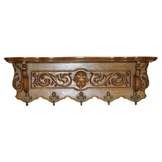 Dutch Oak Ornately Carved Cherub Wall Rack with Hanger Royal Hooks For Sale