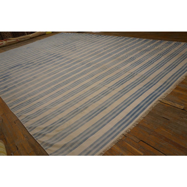 Striking Example of Minimalist With Multi Blue Stripe Dhurrie Style Antique Indian Cotton Rug For Sale - Image 10 of 11